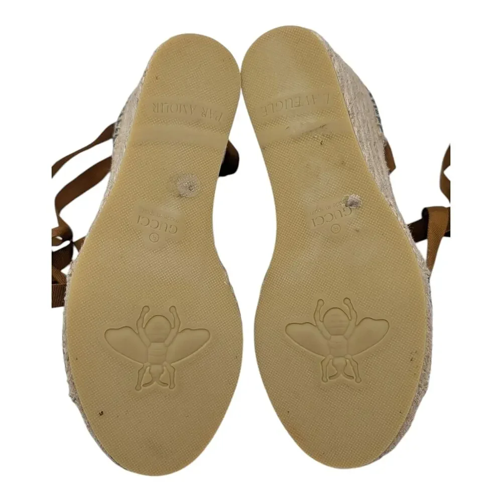 Gucci Pilar GG Monogram Denim D'Orsay Espadrille Wedge Heel Sandal Blue Tan 37